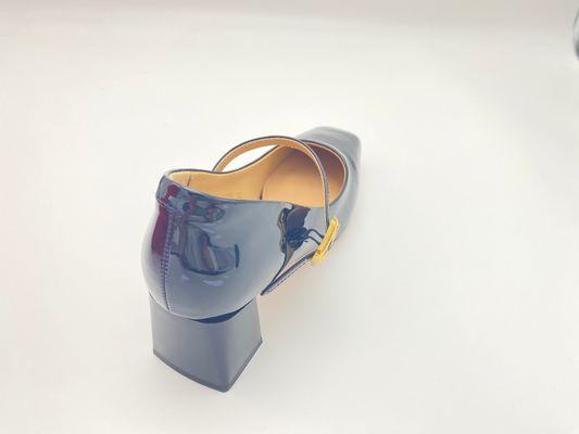 Women black high heels with lacquer chunky heels and mental buckle closure