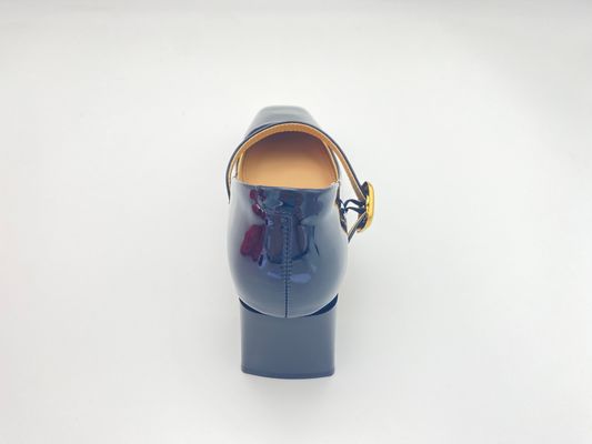 Women black high heels with lacquer chunky heels and mental buckle closure