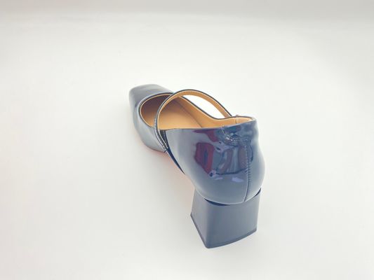 Women black high heels with lacquer chunky heels and mental buckle closure