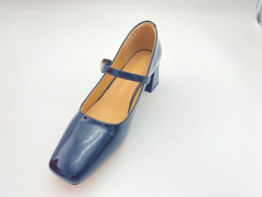 Women black high heels with lacquer chunky heels and mental buckle closure