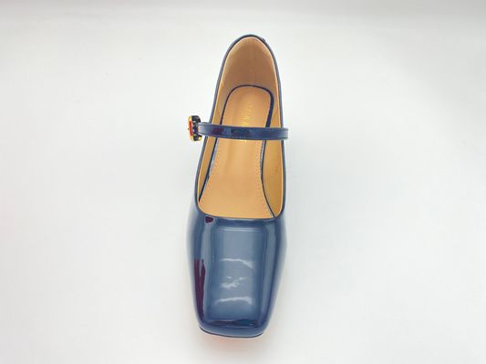 Women black high heels with lacquer chunky heels and mental buckle closure