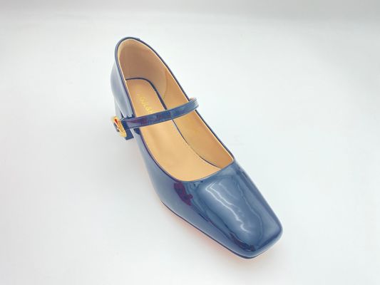 Women black high heels with lacquer chunky heels and mental buckle closure